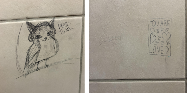 Images from a girls bathroom of graffiti drawn on the wall in pencil. Photographer reported they’ve been on the wall for a few weeks.