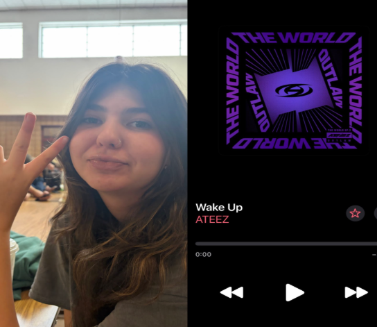 Ava Bergman poses as her favorite K-pop idol Hongjoon from Ateez, who she feels a sort of connection to. Ateez album cover next to photo of Bergman.