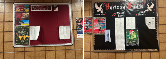 From left to right, the bulletin boards for Horizon´s orchestra and band.