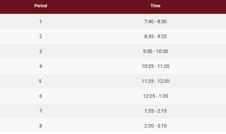  A picture of Horizon school schedule on a regular day.
