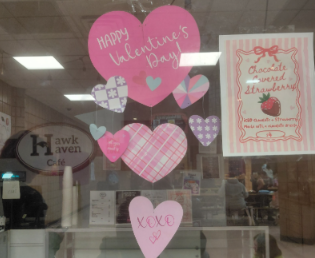 A picture of the Valentine's decorations at The Hawk Haven Cafe. Located right next to the entrance. 
