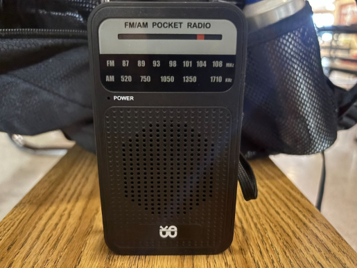 A portable FM and AM pocket radio. 