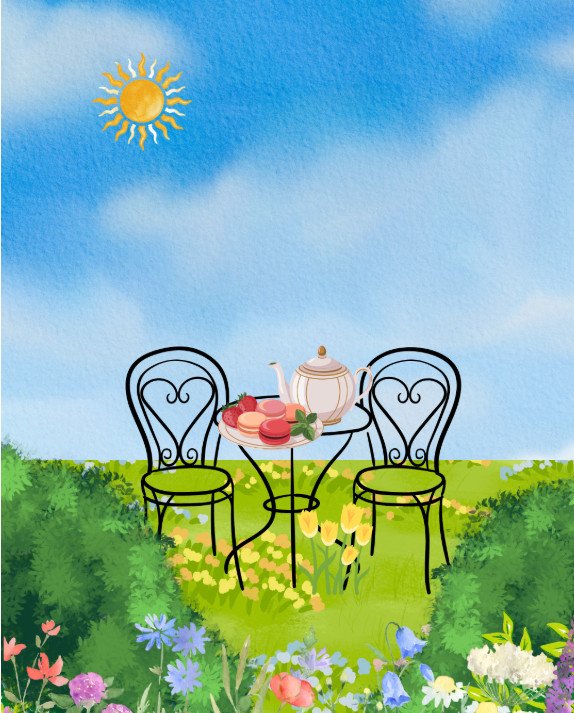 A graphic of a garden tea party made on Canva