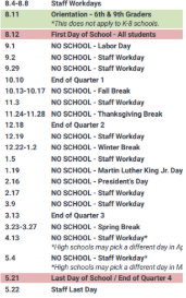 A screenshot of the Adams 12 District school calendar.