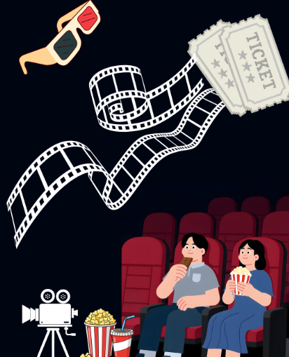 A couple sitting in movie theater chairs eating popcorn.