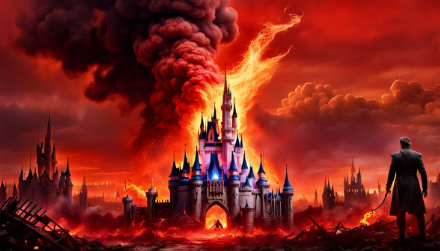 An artwork with what looks like the Disney Castle in fire.
