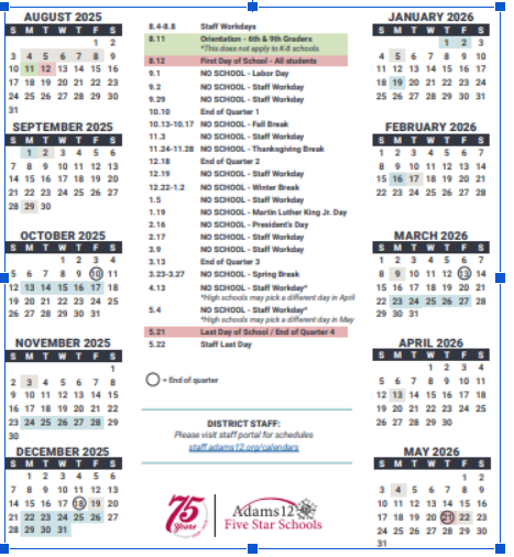 An image depicting the 2025-2026 School Year Calendar with the Professional Learning Days labeled as “Staff Workdays”. 