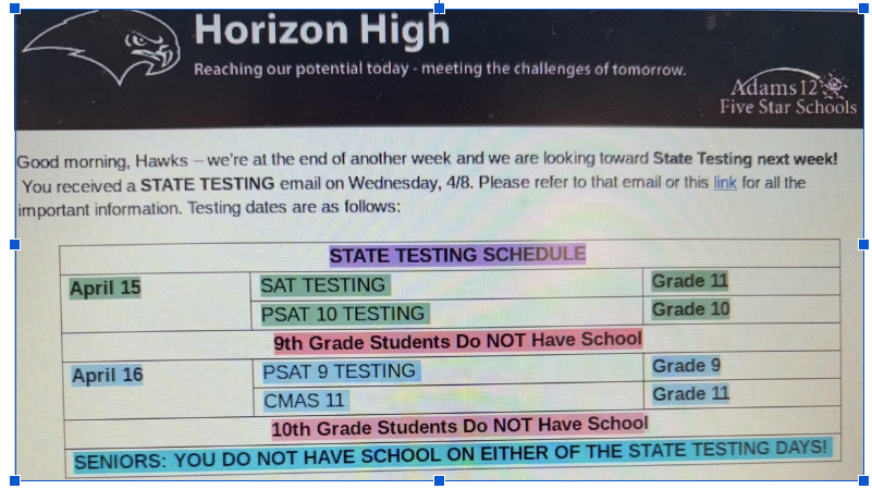Screenshot of the Horizon SAT schedule and SAT days for juniors.