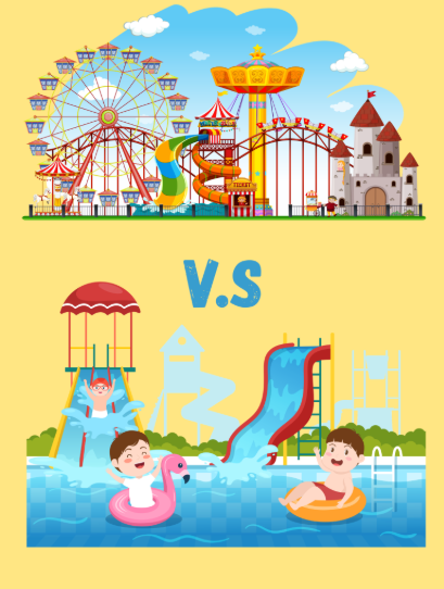 A picture made on Canva of a waterpark and an amusement park.