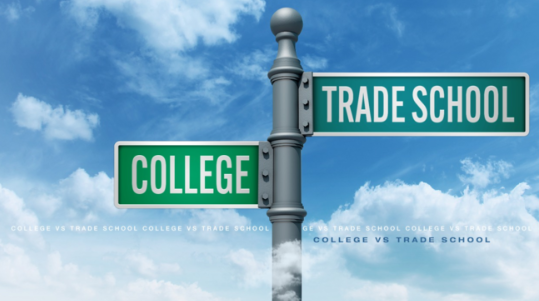 A photo that highlights the different paths between college and trade school through street signs.