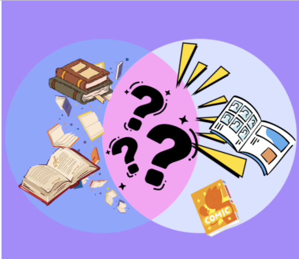 A venn diagram that shows the difference of comic books and literature with 
Question marks in the middle (photo/Wynonna Sarmiento)